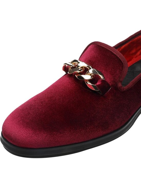 FOEVTRUE Men\'s Wine Velvet Loafers Gold Chain Buckle Slip On Fashion Shoes main image 4